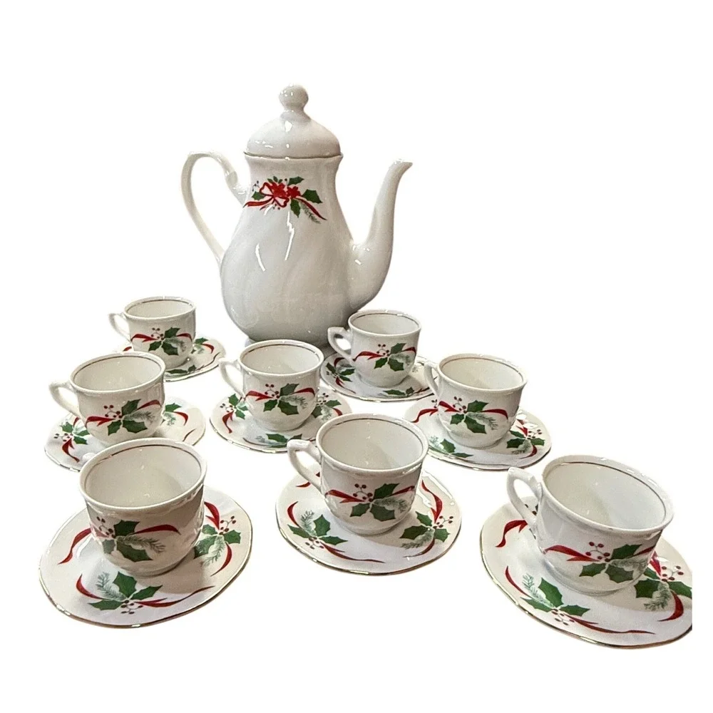 Victorian Holiday by Southington by Baum Brothers 17 Piece Saucer Teacup Teapot